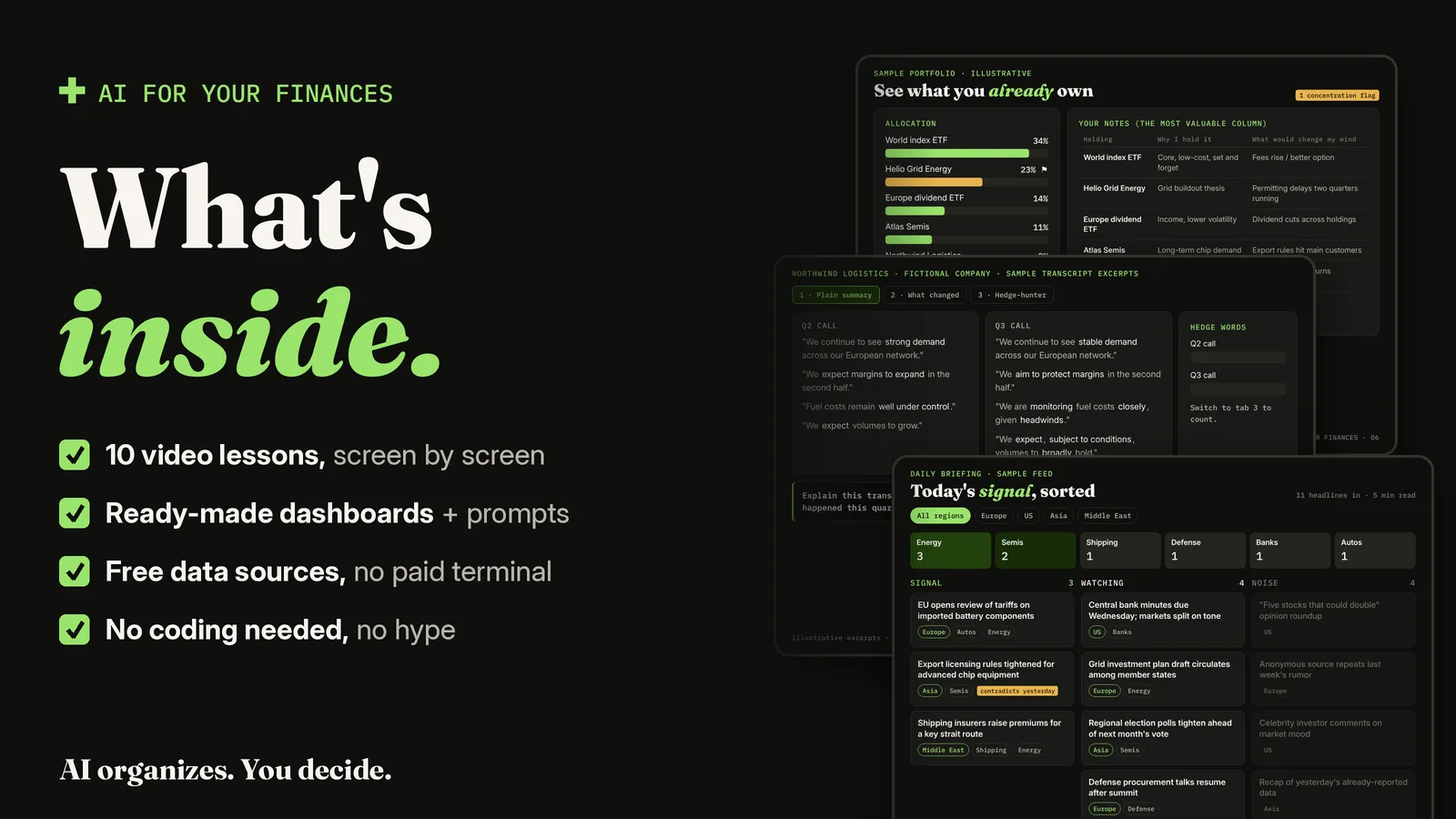 Screens from the course: a portfolio tracker, an earnings-call comparison and a daily news briefing