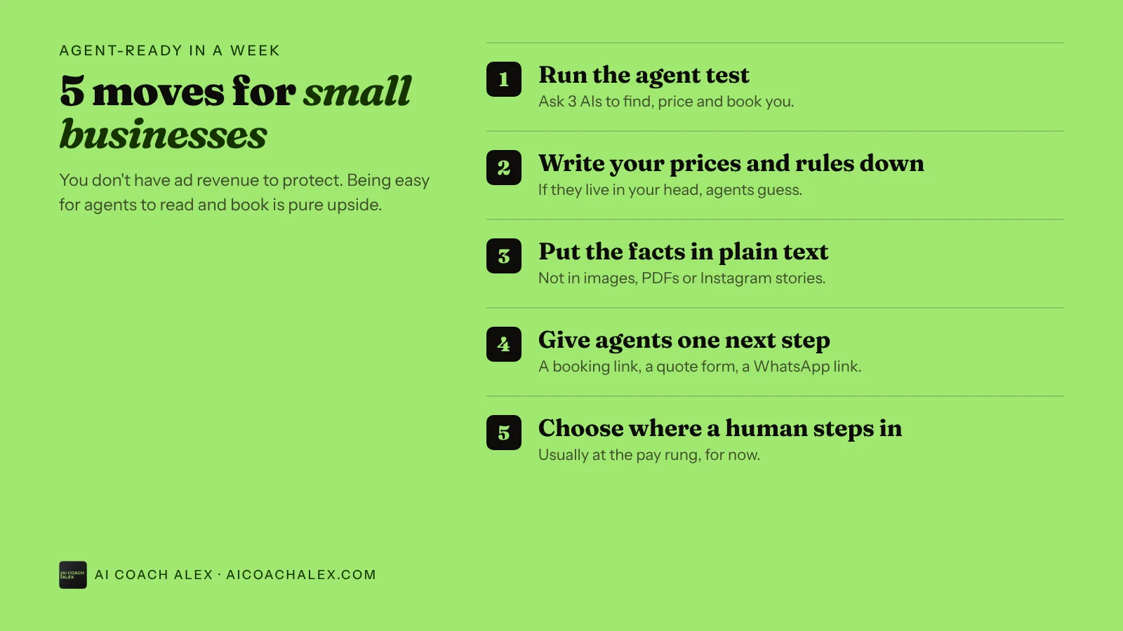 Agent-ready in a week, 5 moves for small businesses: run the agent test, write your prices and rules down, put the facts in plain text, give agents one next step, choose where a human steps in.