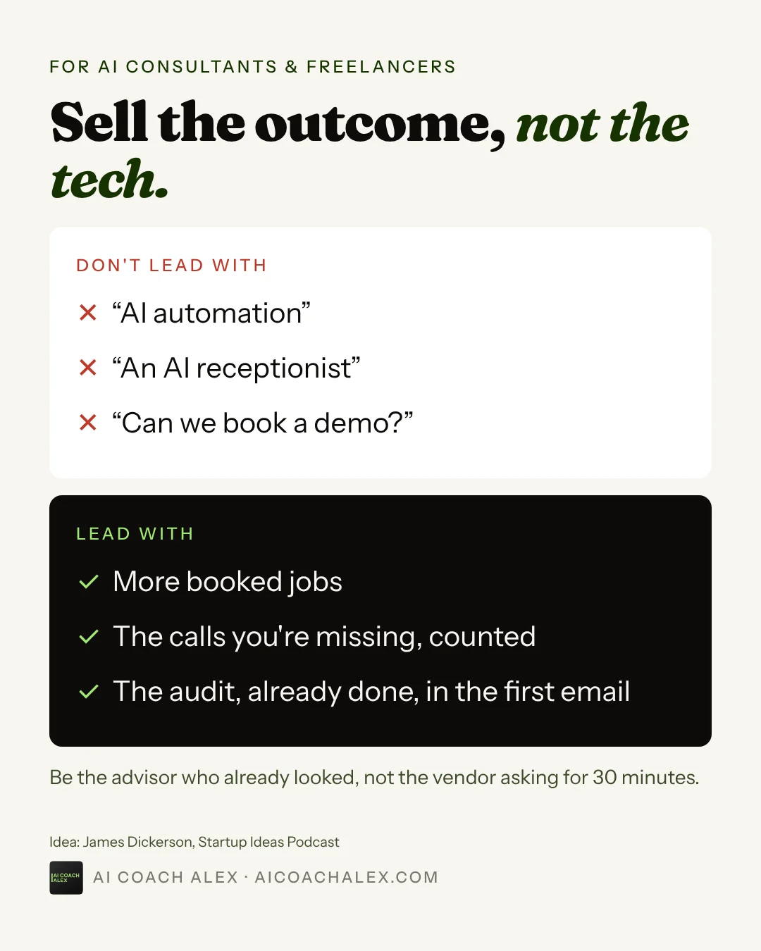 For AI consultants and freelancers: sell the outcome, not the tech. Don't lead with AI automation, an AI receptionist or asking for a demo. Lead with more booked jobs, the calls they're missing counted, and the audit already done in the first email.