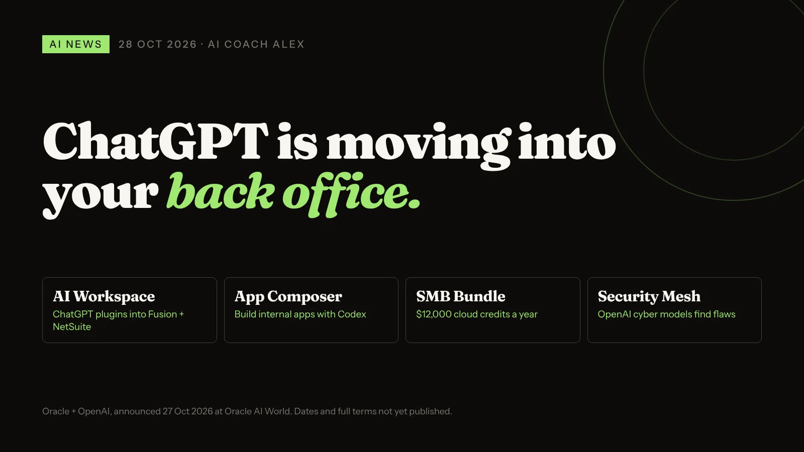 ChatGPT is moving into your back office. Oracle and OpenAI, announced 27 October 2026 at Oracle AI World: AI Workspace connects ChatGPT plugins to Fusion and NetSuite; App Composer builds internal apps with Codex; an SMB Bundle with 12,000 dollars of cloud credits a year; Security Mesh uses OpenAI cyber models to find flaws.